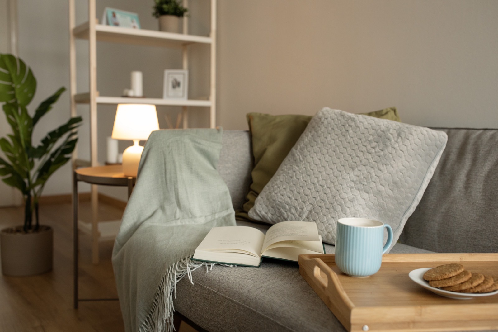 Un divano con un plaid, un libro aperto e un vassoio con una tazza e dei biscotti, in un soggiorno illuminato da una lampada